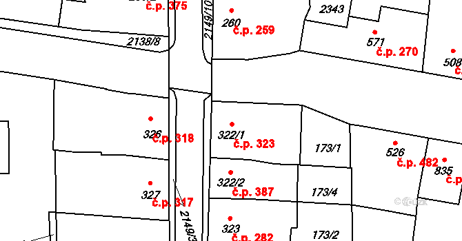 Lišov 323 na parcele st. 322/1 v KÚ Lišov, Katastrální mapa