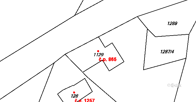 Kořenov 865 na parcele st. 1129 v KÚ Polubný, Katastrální mapa