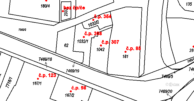 Telč-Štěpnice 307, Telč na parcele st. 1042 v KÚ Telč, Katastrální mapa
