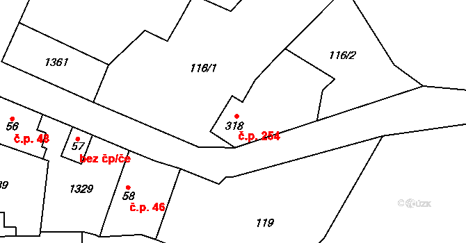 Cerhenice 254 na parcele st. 318 v KÚ Cerhenice, Katastrální mapa