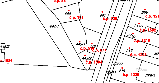 Švermov 514, Kladno na parcele st. 443/1 v KÚ Motyčín, Katastrální mapa