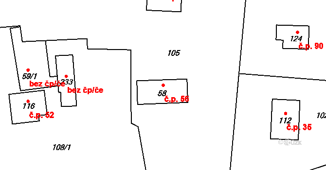 Ohrazenice 56 na parcele st. 58 v KÚ Ohrazenice u Jinec, Katastrální mapa