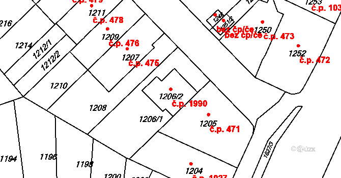 Černá Pole 1990, Brno na parcele st. 1206/2 v KÚ Černá Pole, Katastrální mapa