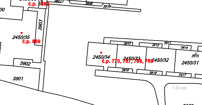 Komín 767,768,769,770, Brno na parcele st. 2450/31 v KÚ Komín, Katastrální mapa