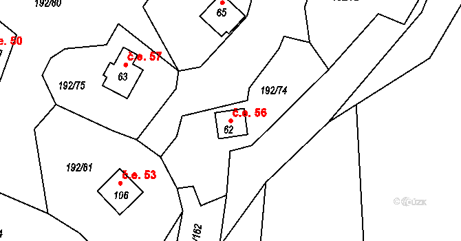 Mradice 56, Postoloprty na parcele st. 62 v KÚ Mradice, Katastrální mapa
