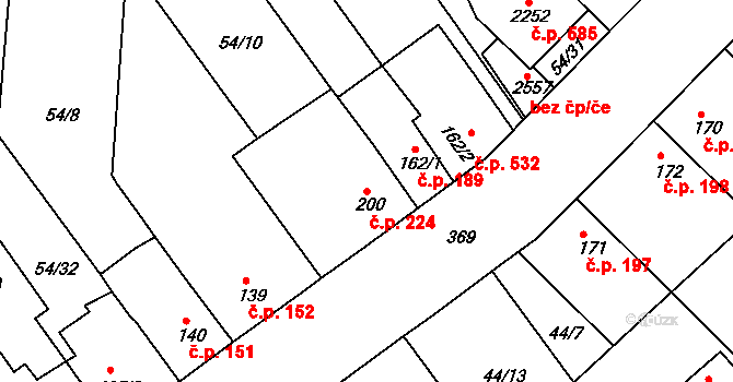 Sezimovo Ústí 224 na parcele st. 200 v KÚ Sezimovo Ústí, Katastrální mapa