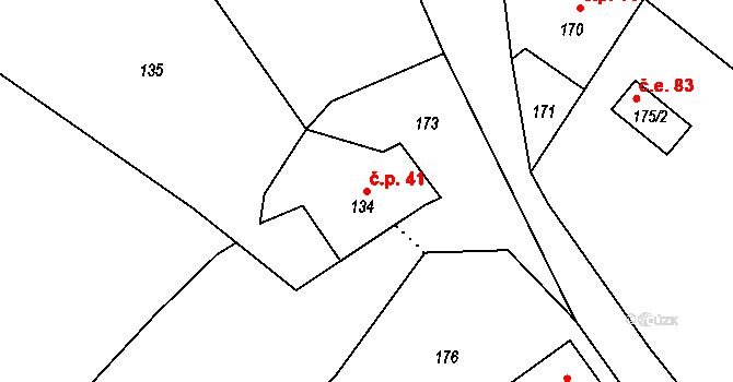 Vinařice 41, Týnec nad Labem na parcele st. 134 v KÚ Vinařice u Týnce nad Labem, Katastrální mapa