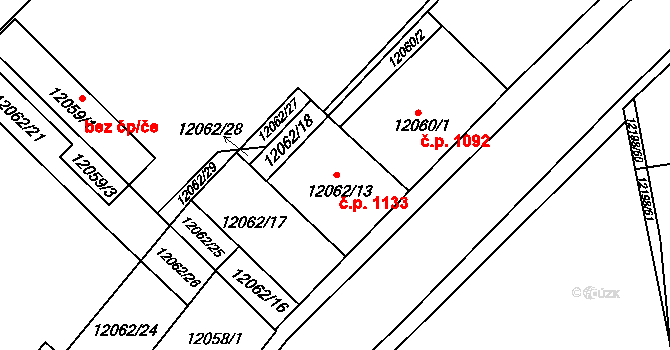 Severní Předměstí 1133, Plzeň na parcele st. 12062/13 v KÚ Plzeň, Katastrální mapa
