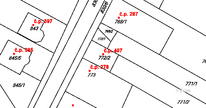 Havřice 407, Uherský Brod na parcele st. 772/2 v KÚ Havřice, Katastrální mapa