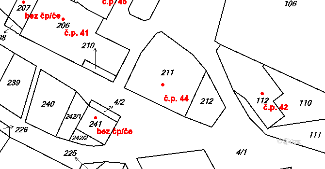 Prosetín 44 na parcele st. 211 v KÚ Prosetín u Bystřice nad Pernštejnem, Katastrální mapa