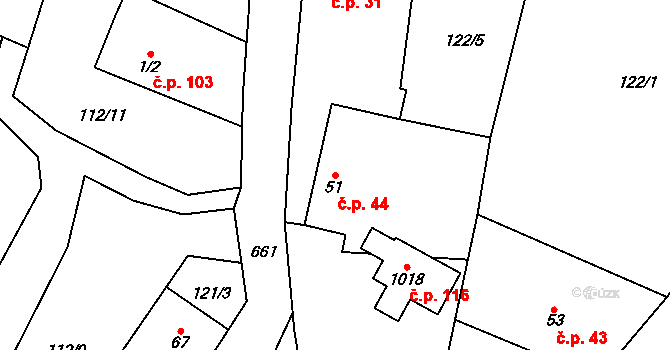 Dolní Jirčany 44, Psáry na parcele st. 51 v KÚ Dolní Jirčany, Katastrální mapa