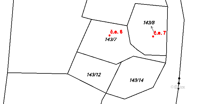 Týnec 6, Malý Bor na parcele st. 143/7 v KÚ Týnec u Hliněného Újezdu, Katastrální mapa