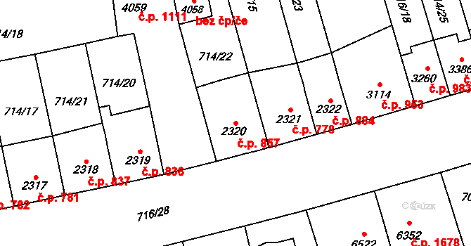 Bílé Předměstí 857, Pardubice na parcele st. 2320 v KÚ Pardubice, Katastrální mapa