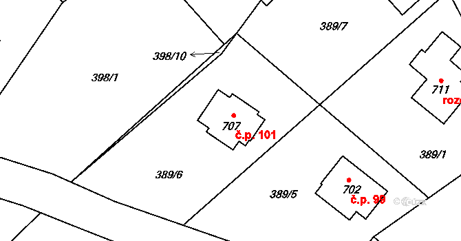 Skuhrov 101 na parcele st. 707 v KÚ Skuhrov u Železného Brodu, Katastrální mapa