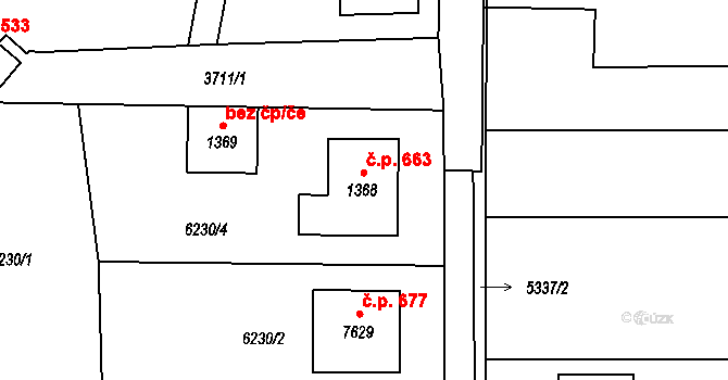Dolní Dunajovice 663 na parcele st. 1368 v KÚ Dolní Dunajovice, Katastrální mapa