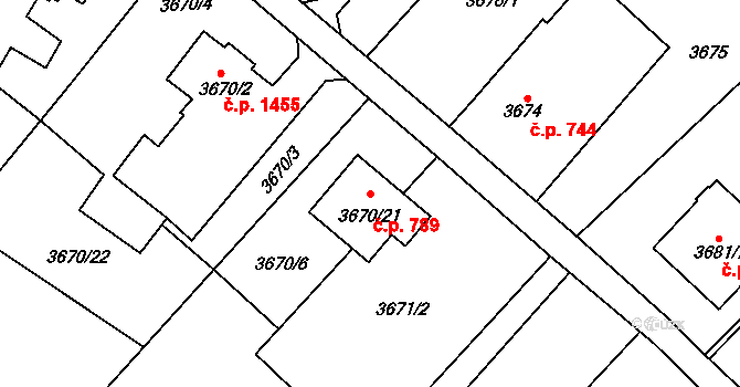 Fryštát 789, Karviná na parcele st. 3670/21 v KÚ Karviná-město, Katastrální mapa