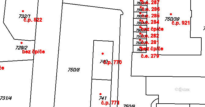 Podbořany 770 na parcele st. 740 v KÚ Podbořany, Katastrální mapa