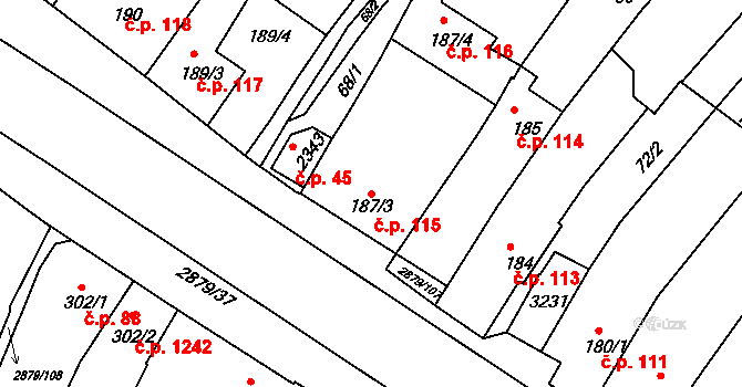 Bystřice pod Hostýnem 115 na parcele st. 187/3 v KÚ Bystřice pod Hostýnem, Katastrální mapa