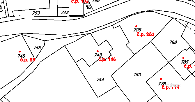 Skřípov 116 na parcele st. 743 v KÚ Skřípov, Katastrální mapa