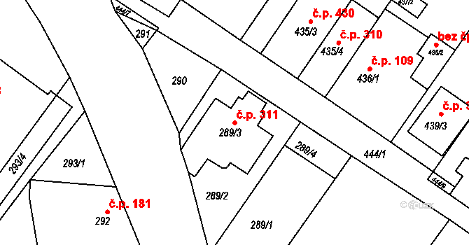 Dobšice 311 na parcele st. 289/3 v KÚ Dobšice u Znojma, Katastrální mapa