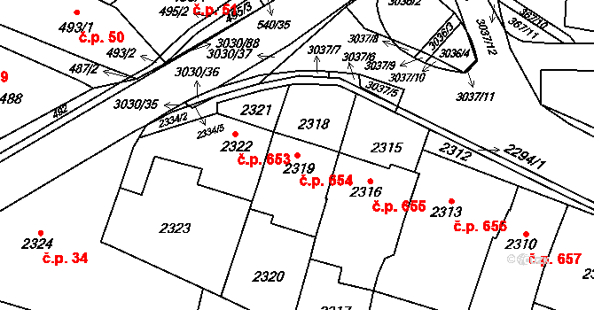 Miroslav 654 na parcele st. 2319 v KÚ Miroslav, Katastrální mapa