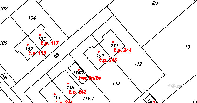 Prosenice 243 na parcele st. 109 v KÚ Proseničky, Katastrální mapa