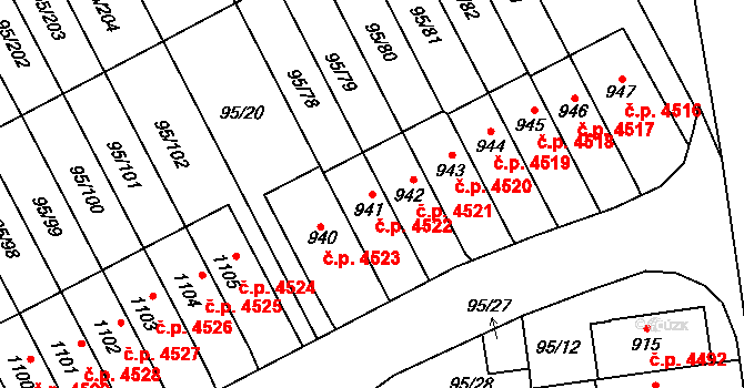 Jihlava 4522 na parcele st. 941 v KÚ Bedřichov u Jihlavy, Katastrální mapa