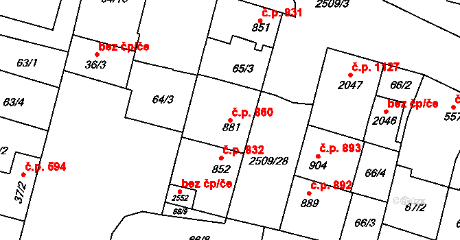 Kyjov 860 na parcele st. 881 v KÚ Kyjov, Katastrální mapa