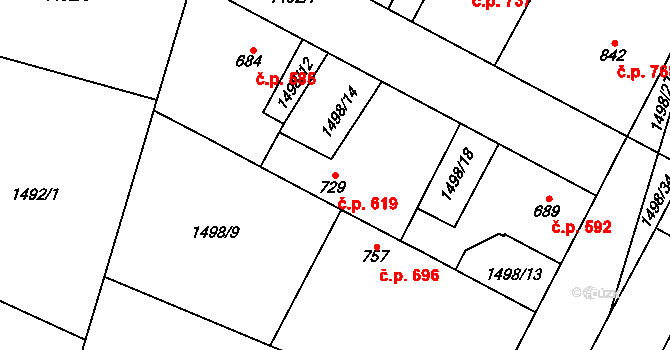 Třebechovice pod Orebem 619 na parcele st. 729 v KÚ Třebechovice pod Orebem, Katastrální mapa