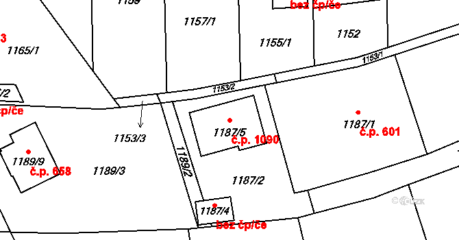 Jilemnice 1090 na parcele st. 1187/5 v KÚ Jilemnice, Katastrální mapa