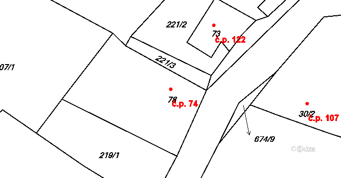 Sudoměřice u Bechyně 74 na parcele st. 78 v KÚ Sudoměřice u Bechyně, Katastrální mapa