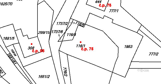 Třebovice 75 na parcele st. 116/1 v KÚ Třebovice, Katastrální mapa