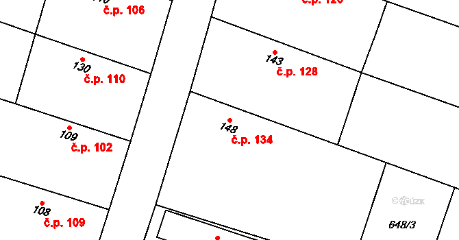 Krchleby 134 na parcele st. 148 v KÚ Krchleby u Nymburka, Katastrální mapa