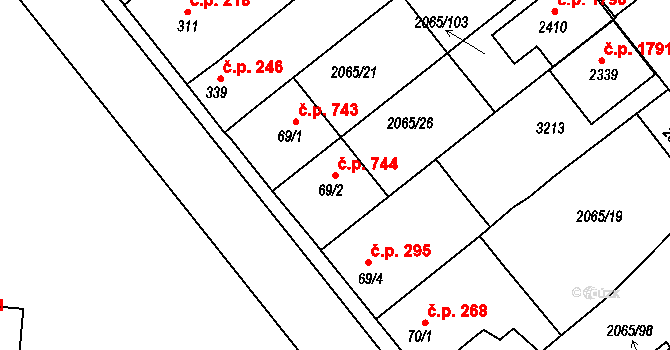 Mařatice 744, Uherské Hradiště na parcele st. 69/2 v KÚ Mařatice, Katastrální mapa