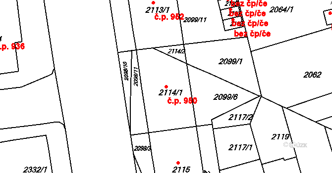 Černá Pole 950, Brno na parcele st. 2114/2 v KÚ Černá Pole, Katastrální mapa