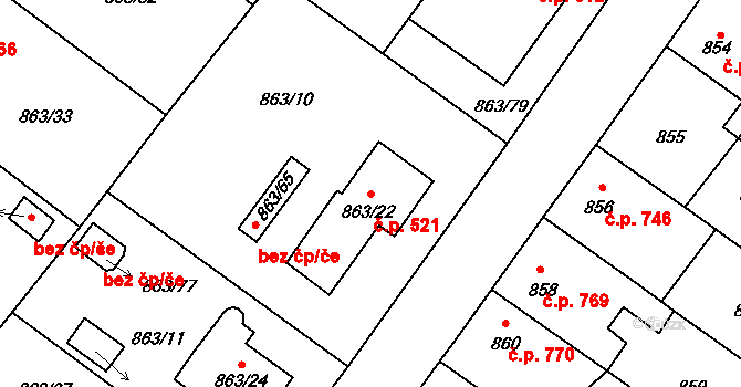 Pelhřimov 521 na parcele st. 863/22 v KÚ Pelhřimov, Katastrální mapa