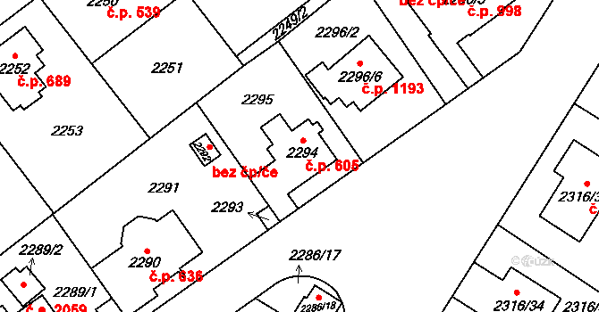 Radotín 605, Praha na parcele st. 2294 v KÚ Radotín, Katastrální mapa