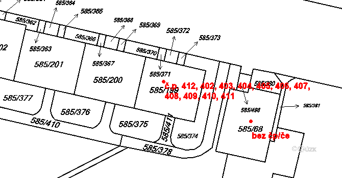 Bohnice 402,403,404,405,406,, Praha na parcele st. 585/199 v KÚ Bohnice, Katastrální mapa