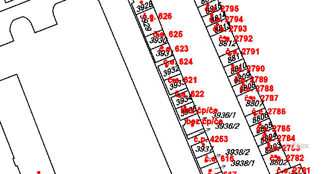 Hodonín 622 na parcele st. 3933 v KÚ Hodonín, Katastrální mapa