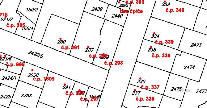 Rosice 293 na parcele st. 289 v KÚ Rosice u Brna, Katastrální mapa