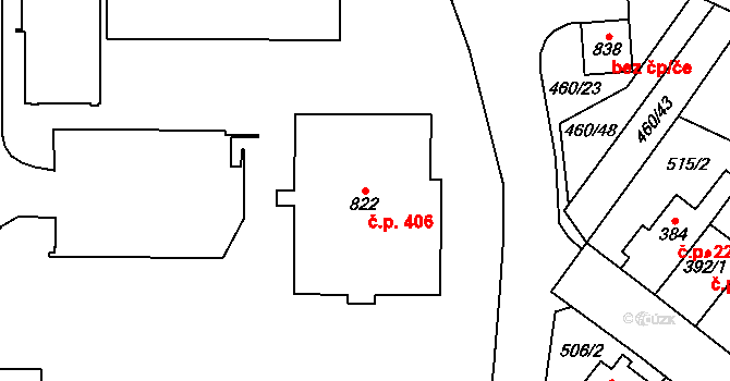 Rokytnice 406, Vsetín na parcele st. 822 v KÚ Rokytnice u Vsetína, Katastrální mapa