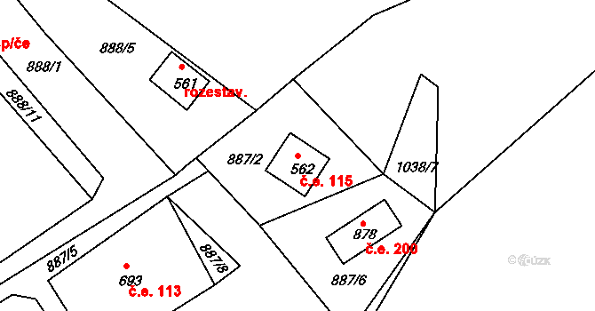Pozlovice 115 na parcele st. 562 v KÚ Pozlovice, Katastrální mapa