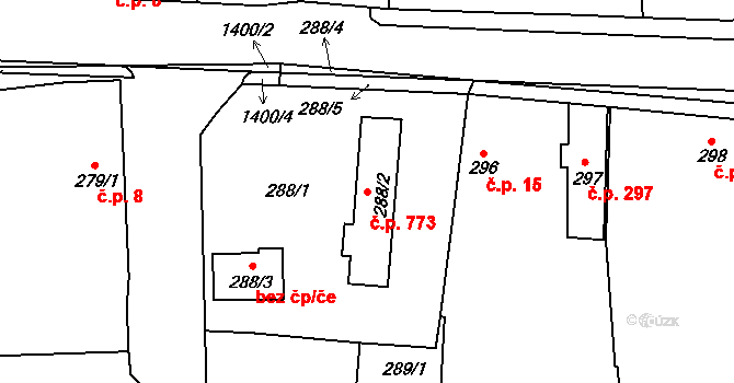 Vejprnice 773 na parcele st. 288/2 v KÚ Vejprnice, Katastrální mapa