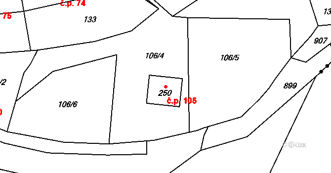 Zvíkovec 105 na parcele st. 250 v KÚ Zvíkovec, Katastrální mapa