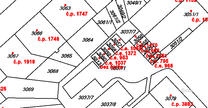 Chomutov 1037 na parcele st. 3060 v KÚ Chomutov I, Katastrální mapa