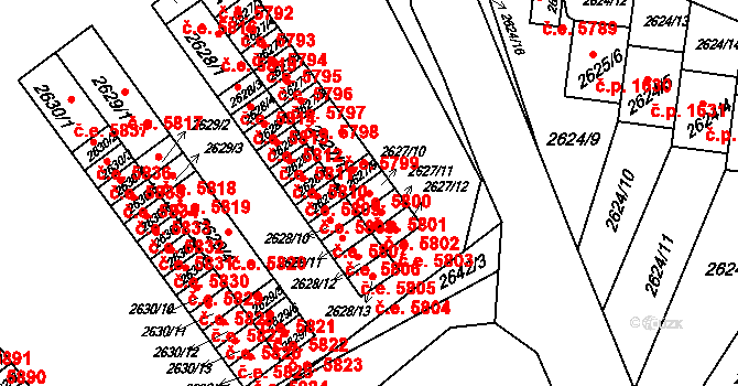 Kadaň 5801 na parcele st. 2627/10 v KÚ Kadaň, Katastrální mapa