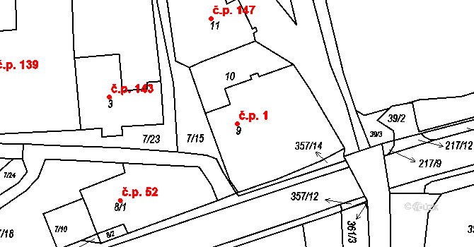 Zádveřice 1, Zádveřice-Raková na parcele st. 9 v KÚ Zádveřice, Katastrální mapa