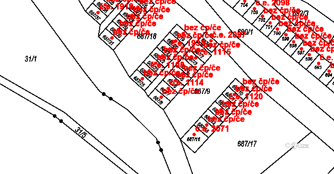 Brno 39481719 na parcele st. 687/7 v KÚ Lesná, Katastrální mapa