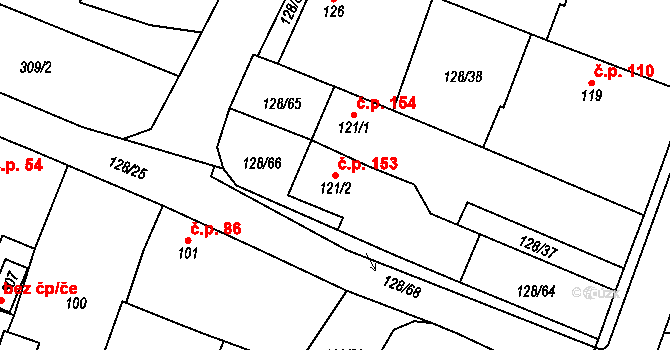 Tuněchody 153 na parcele st. 121/2 v KÚ Tuněchody, Katastrální mapa