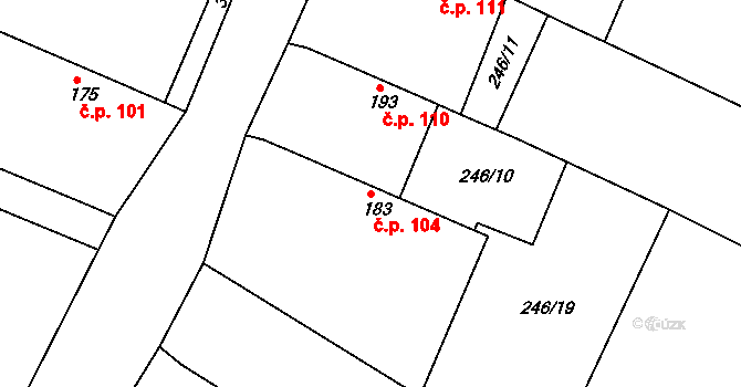 Jestřabí Lhota 104 na parcele st. 183 v KÚ Jestřabí Lhota, Katastrální mapa